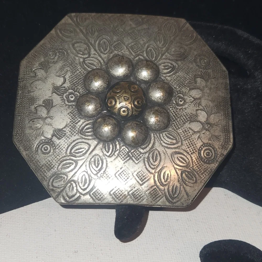 Vintage Octagonal Floral Etched Mixed Metal Belt Buckle Silver‎ Brass Tone Boho